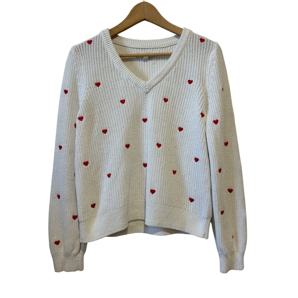 Lucky Brand Sweater M White Red Heart Embroidered Knit Pullover Love Valentine